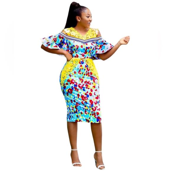 Bold Abstract Print Dress XL – Yellow Lace & Pearl Trim | Maximalist Statement - Picture 1 of 10